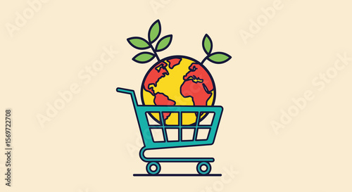 A conceptual image showcasing planet earth in a shopping cart, symbolizing sustainable shopping and environmental awareness.