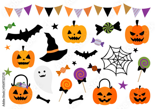 ハロウィンのイラストセット(魔女 おばけ かぼちゃ お菓子 蜘蛛の巣 墓 ベクター 編集可能)