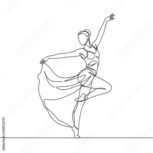 Elegant dancer performing a pose with flowing fabric on white background  