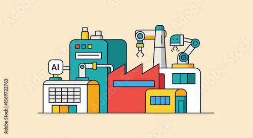 Futuristic factory featuring artificial intelligence integration and automated robotics, symbolizing advanced manufacturing and innovative technology