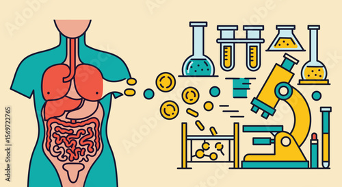 Human body and lab equipment showcasing biological research, highlighting medical analysis and scientific discovery advancements