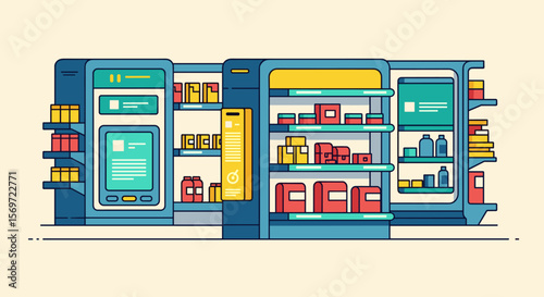 Futuristic retail store showcasing smart shelves and digital inventory management, highlighting automated shopping experience and modern technology