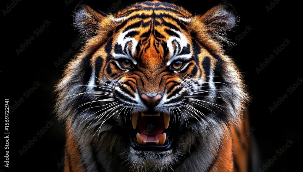 Obraz premium Close-up of a fierce tiger growling, showing sharp teeth and intense eyes against a dark background.