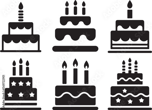 set of black and white birthday cake silhouettes with candles and layered frosting in celebratory icon style