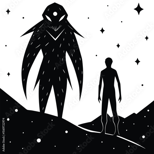 Cosmic Encounter Silhouette of a Person Facing a Mysterious Alien Creature Under a Starry Sky on an Alien Planet