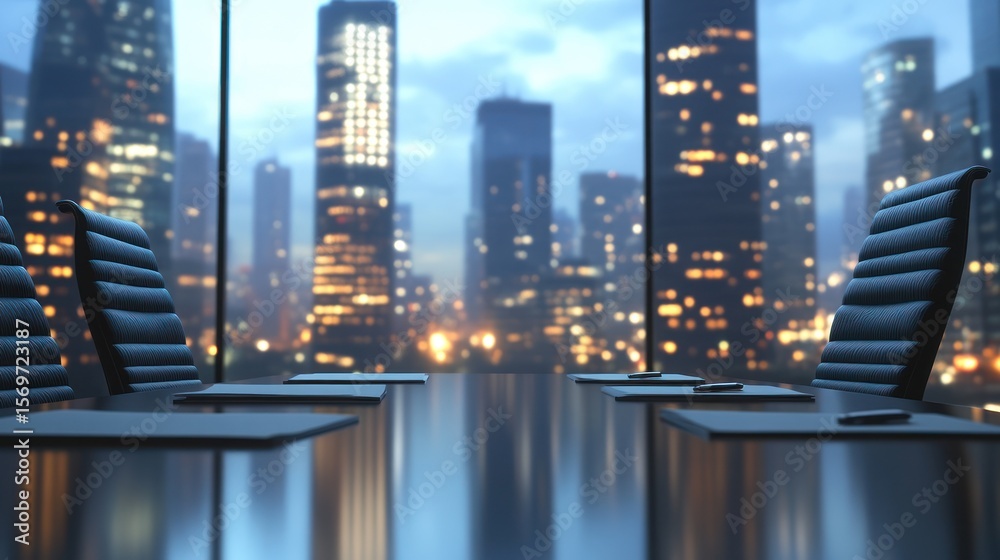 Obraz premium Cityscape Conference Room at Night, Business Meeting, Modern Office, Reflection