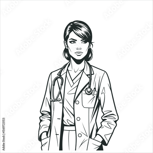  Doctor woman. Illustration of a female doctor with a stethoscope