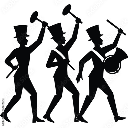 A Trio of Marching Band Members in Silhouette Striking a Beat with their Instruments and Top Hats On