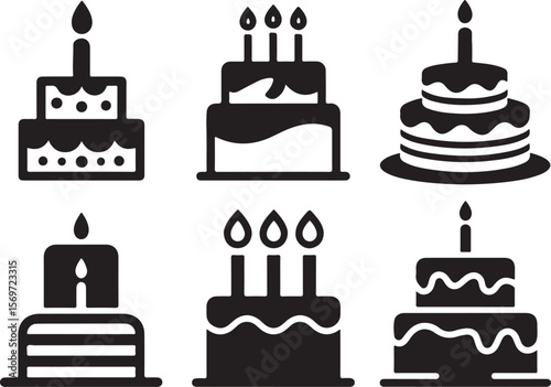 set of black and white birthday cake silhouettes with candles and layered frosting in celebratory icon style