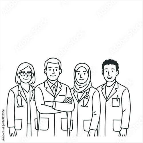 Doctors group. Medical Team Sketch. Medical Team of Doctors in Line Art