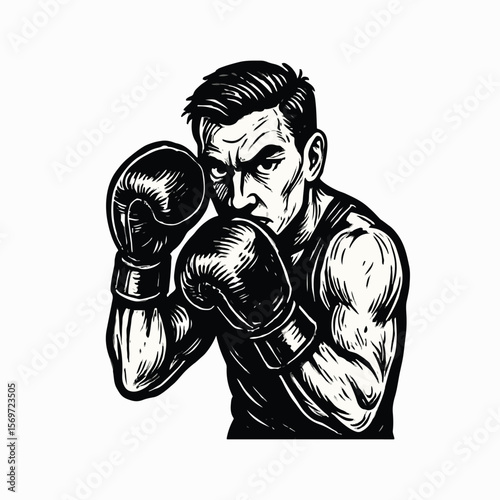 A boxing athlete in black and white illustration