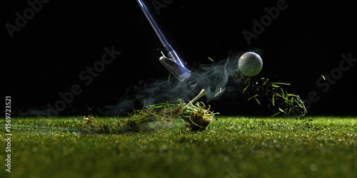 Golf swing captured at moment of impact with ball and ground, debris and grass fly midair under lighting. Concept of goal-setting, vision planning, and milestone achievement in productivity content