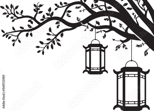  silhouette of hanging lanterns on a willow tree branch with cascading leaves in traditional Asian-inspired black and white design
