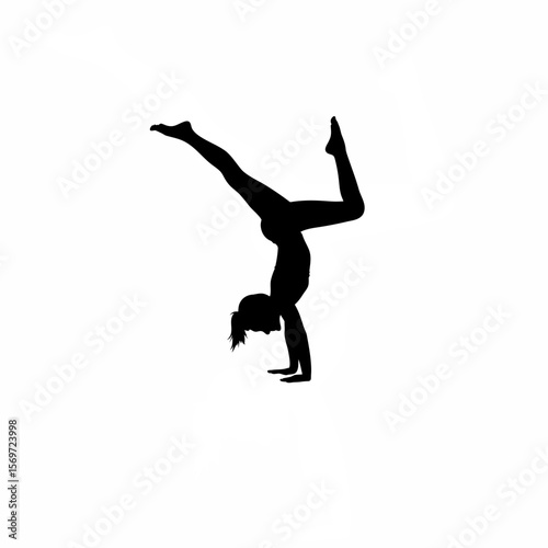 Silhouette of girl practicing gymnastics handstand on white background
