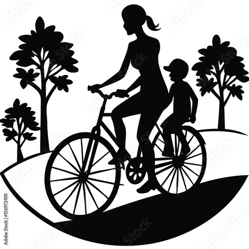 Silhouette of a Mother and Child Biking Through a Park a Heartwarming Depiction of Family Activity and Enjoying Nature Together