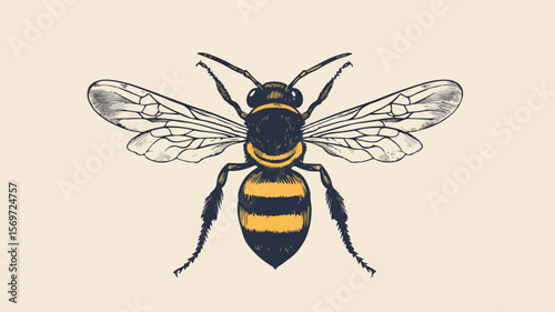 Detailed Bee Stripe Wing Wasp Sketch Vector Illustration