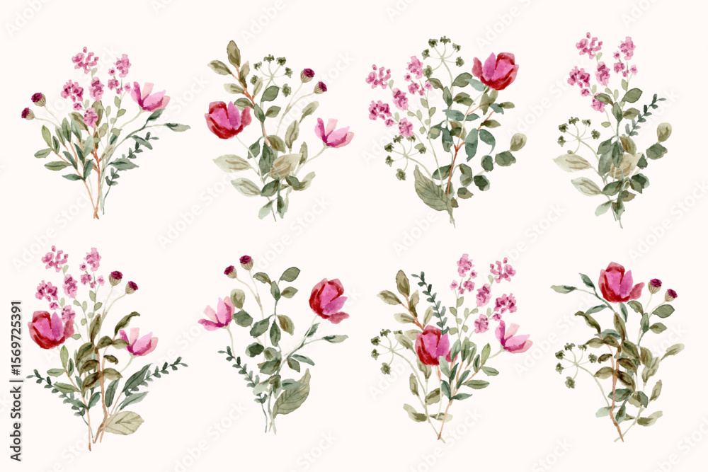 Fototapeta premium romantic pink wildflower watercolor bouquet collection