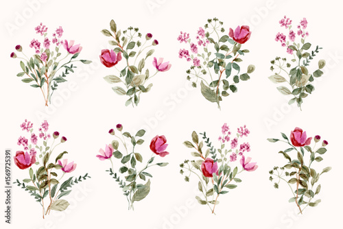 romantic pink wildflower watercolor bouquet collection