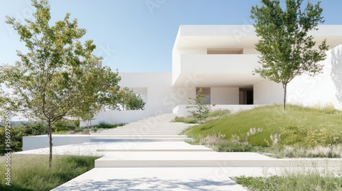 Modern architectural design featuring a minimalist white house with landscaped surroundings and clear blue sky.