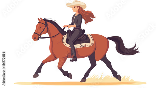 Cowboy Girl Riding Horse Color Stroke - Professional Western Adventure Illustration