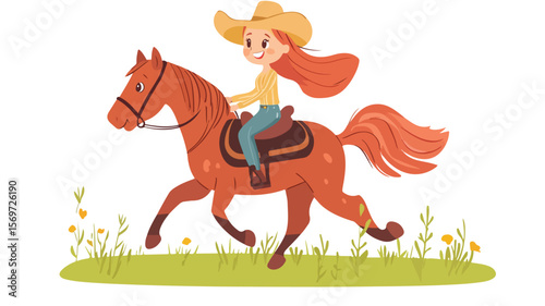 Cowboy Girl Riding Horse Color Stroke Illustration