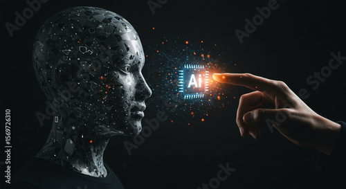 Robotic head with a network design, engaging with a glowing blue AI interface for technological innovation.