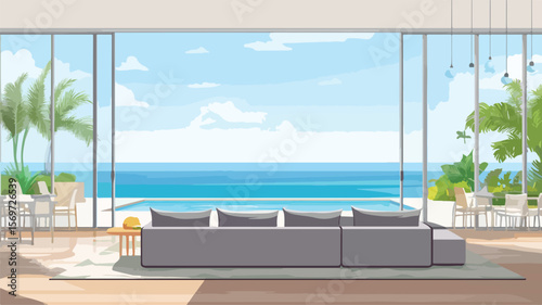Luxurious Dining and Living Room with Sea View - Elegant Interior Design