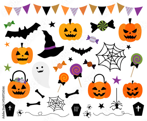 ハロウィンのイラストセット(魔女 おばけ かぼちゃ お菓子 蜘蛛の巣 墓 ベクター 編集可能)