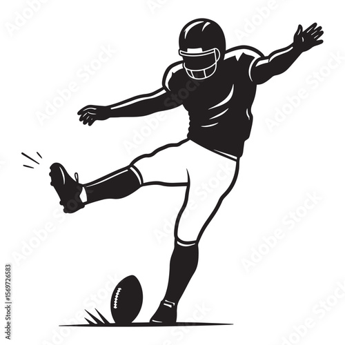 American football player kicking the ball during a game in black and white