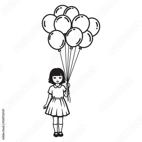 Adorable girl holding a bunch of balloons in a simple and charming black and white illustration