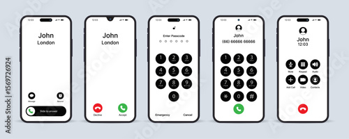 Smartphone Lock and Call Screen Vector Set – Mobile Phone Incoming Call, Passcode, Dialer, and In-Call Interface UI Design Isolated on White Background
