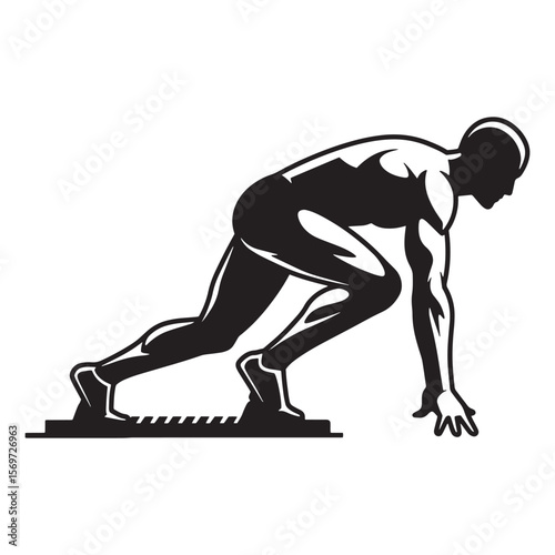 Athletic runner in starting position with a determined expression on a white background