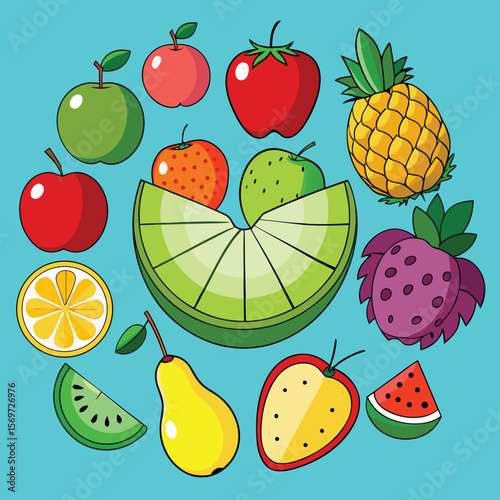 A colorful cartoon arrangement featuring various fruits on a turquoise background
