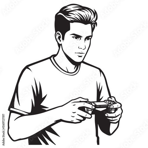 Attractive young man concentrating on playing video games with a game controller in hand