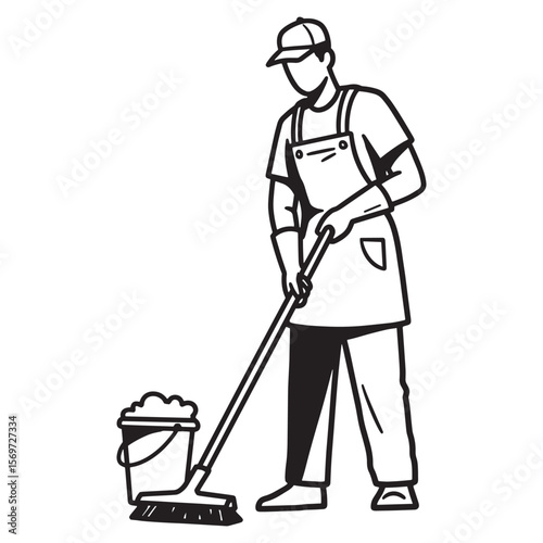 Black and white illustration of a cleaning professional mopping the floor with a bucket
