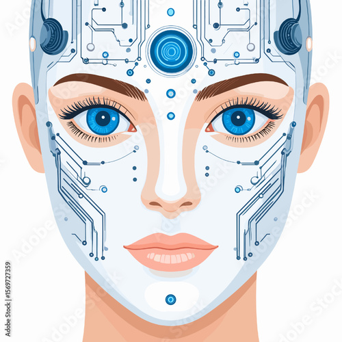 Abstract Pixel Art Robot Face with Blue Eyes and Electronic Circuitry Pattern Innovative Conceptual Representation of Artificial Intelligence
