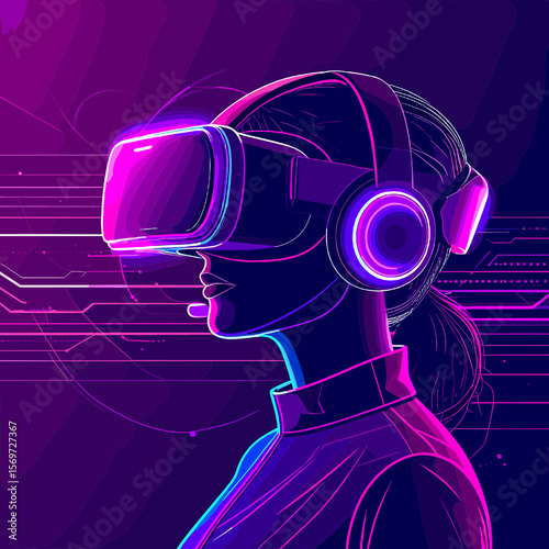 Abstract Pixelated Profile of Woman in Vr Headset with Neon Blue and Purple Lights Immersed in a Cyberpunk Virtual Reality Environment