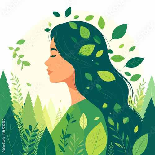 Artistic Vector Portrait of a Serene Woman Surrounded by Lush Green Leaves and Forest in Eco Conscious Design