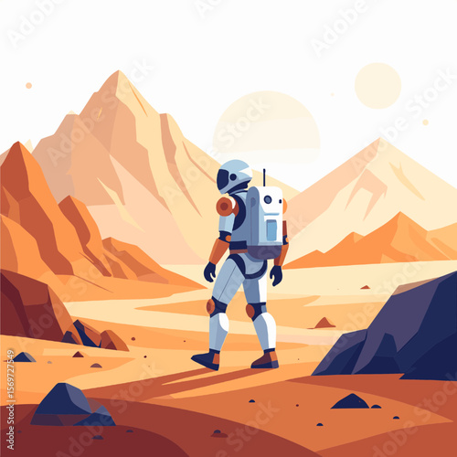Astronaut Exploring Mars Landscape Wearing a Spacesuit Underneath Two Celestial Orbs on Orange Landscape