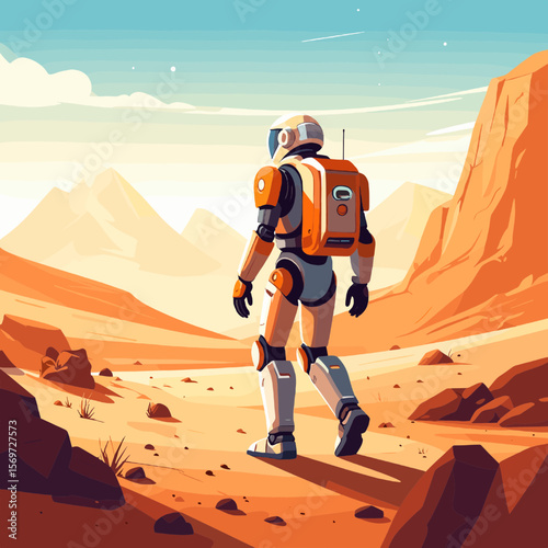 Astronaut Exploring Martian Landscape in Pixel Art Style with Orange and White Suit Against Sandy Desert with Distant Mountains and Blue Sky