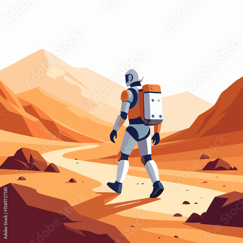 Astronaut in Space Suit Walking on Orange Martian Landscape with Rocky Terrain Under Bright Sunlight