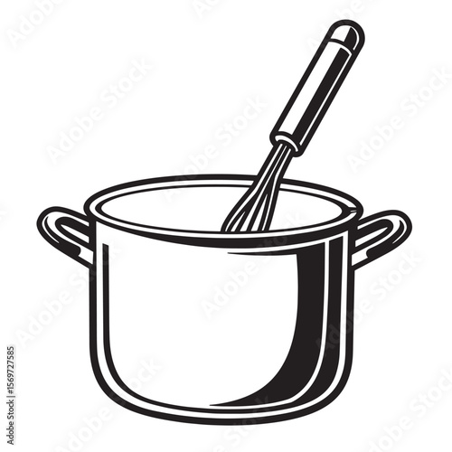 Black and white illustration of a cooking pot and whisk in a simple minimalistic style