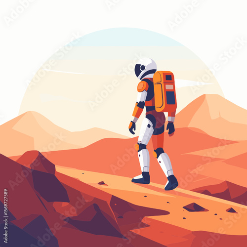 Astronaut on Red Planet Walking Across Mars in White Space Suit and Backpack with Red Rock Desert Landscape