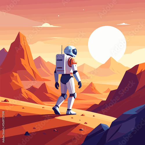Astronaut Walking on Mars Surface in Orange Colored Landscape with Mountains Under Bright Sunlight Pixel Art