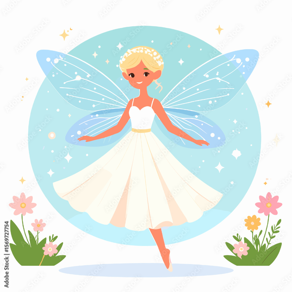Blonde Fairy with Translucent Wings Wearing a White Dress in a Floral Setting Under Pastel Lighting with Flowers and Foliage Blonde Fairy with Translucent Wings Wearing a White Dress in a Floral Setting Under Pastel Lighting with Flowers and Foliage