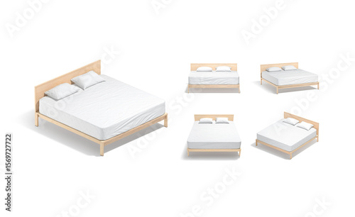 Blank wooden double bed with white bedding mockup, different views