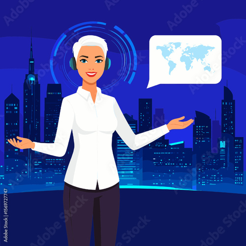 Blond Haired Woman with Headset Representing Global Network in an Urban Cityscape at Night in Vector Illustration