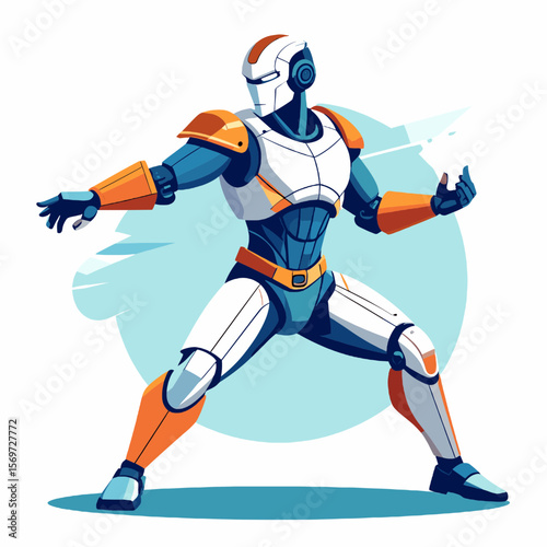 Blue and Orange Armored Robot Warrior Standing in Defensive Stance with White Helmet and Metallic Body Suit Against Soft Blue Background
