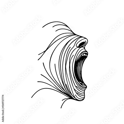 Close-up of a screaming face with an agonized mood in a parallel line style