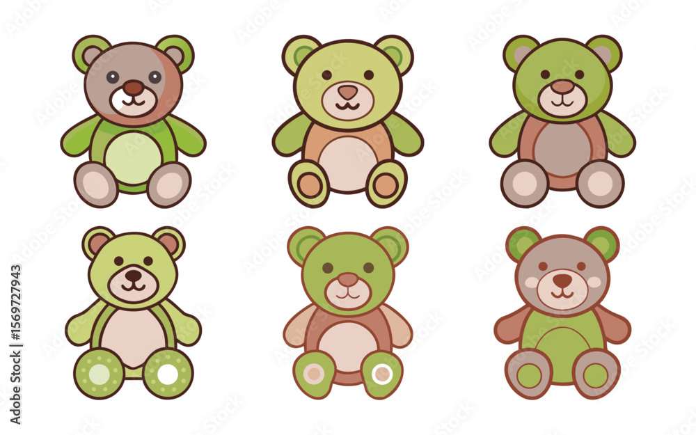 Obraz premium Six adorable teddy bears in green and brown tones